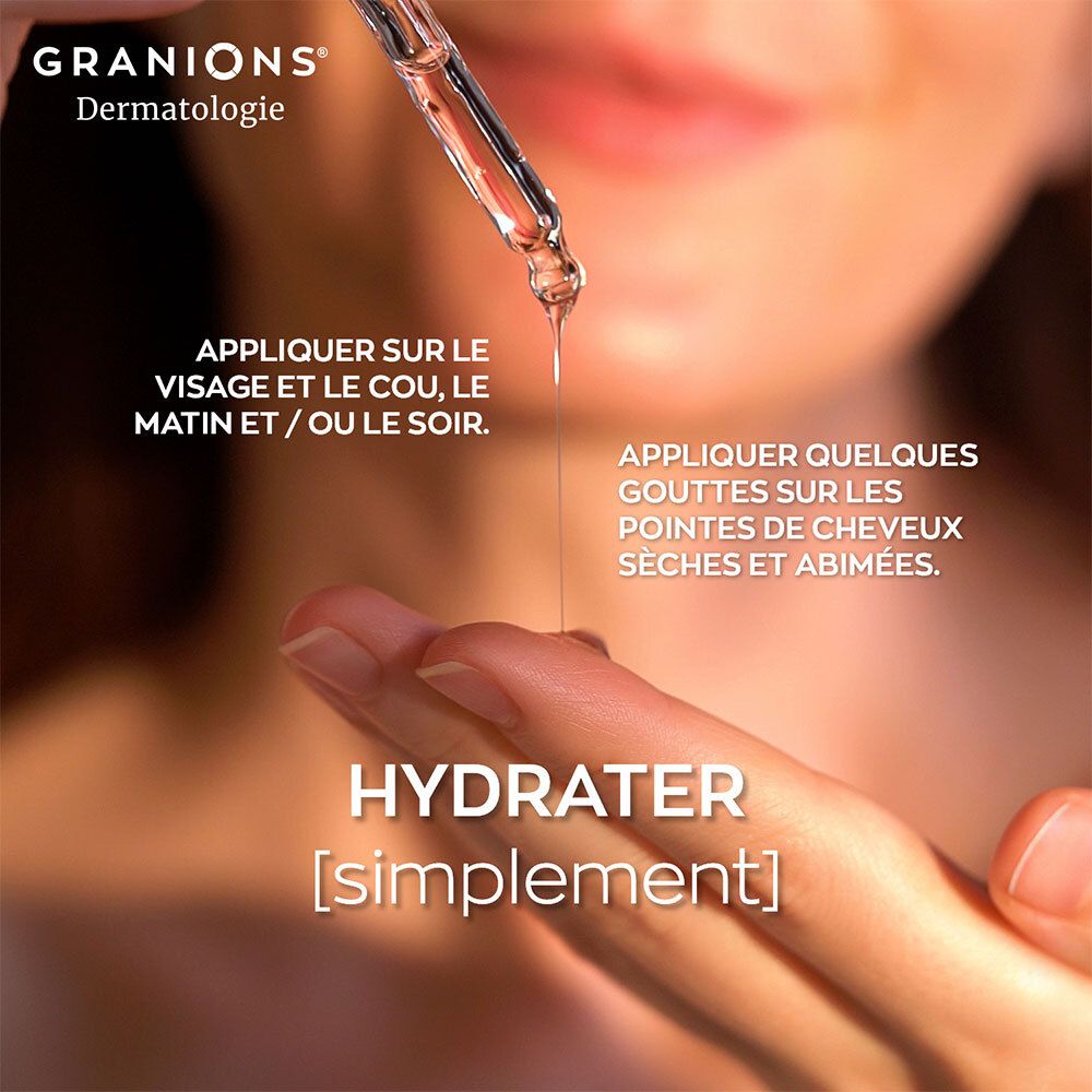 Druppels serum op vingers. Tekst: Aanbrengen op gezicht en hals. Aanbrengen op haarpunten. HYDRATER [simpel].