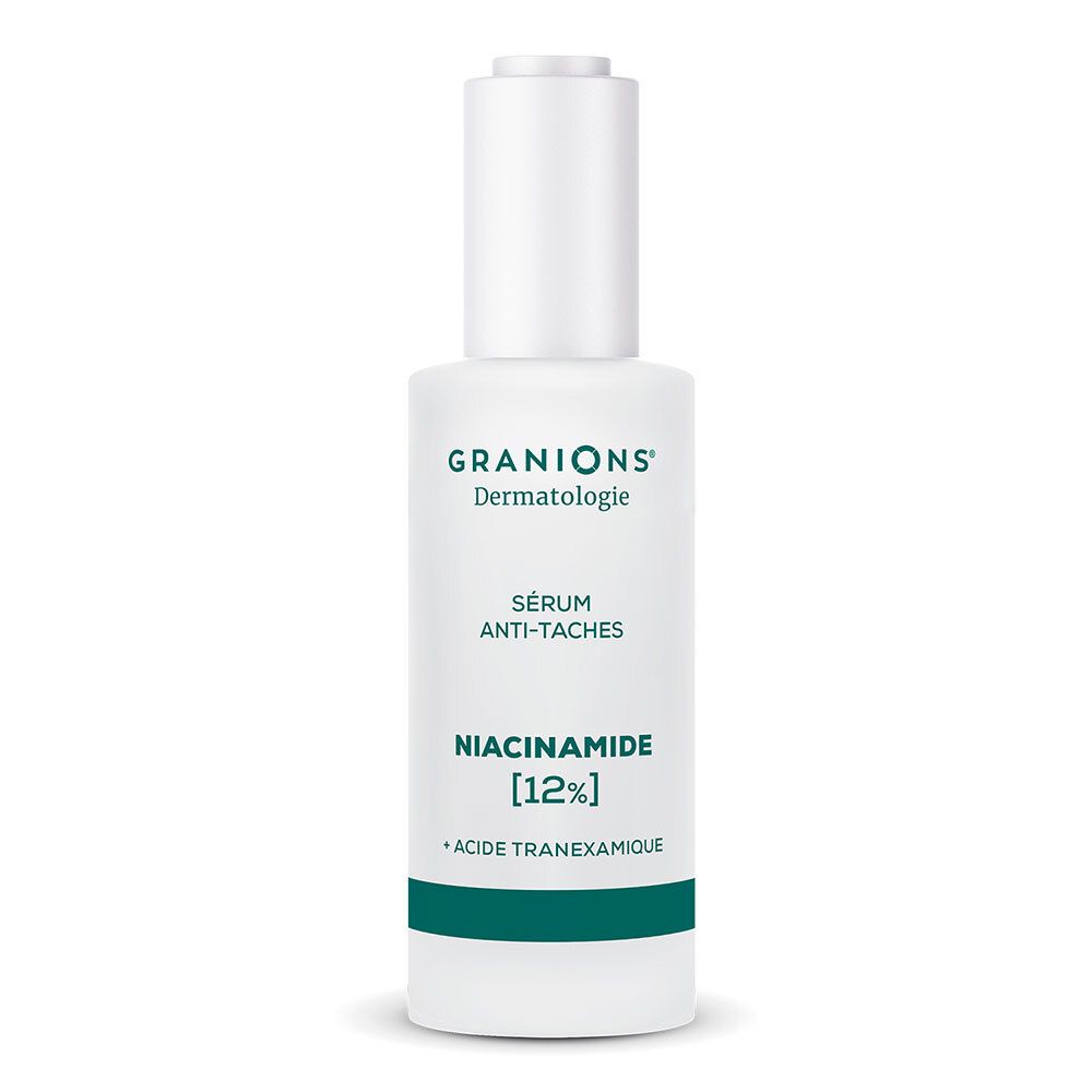 Flacon blanc, liseré vert. Inscriptions: GRANIONS Dermatologie, Sérum Anti-Taches, Niacinamide [12%], Acide Tranexamique.