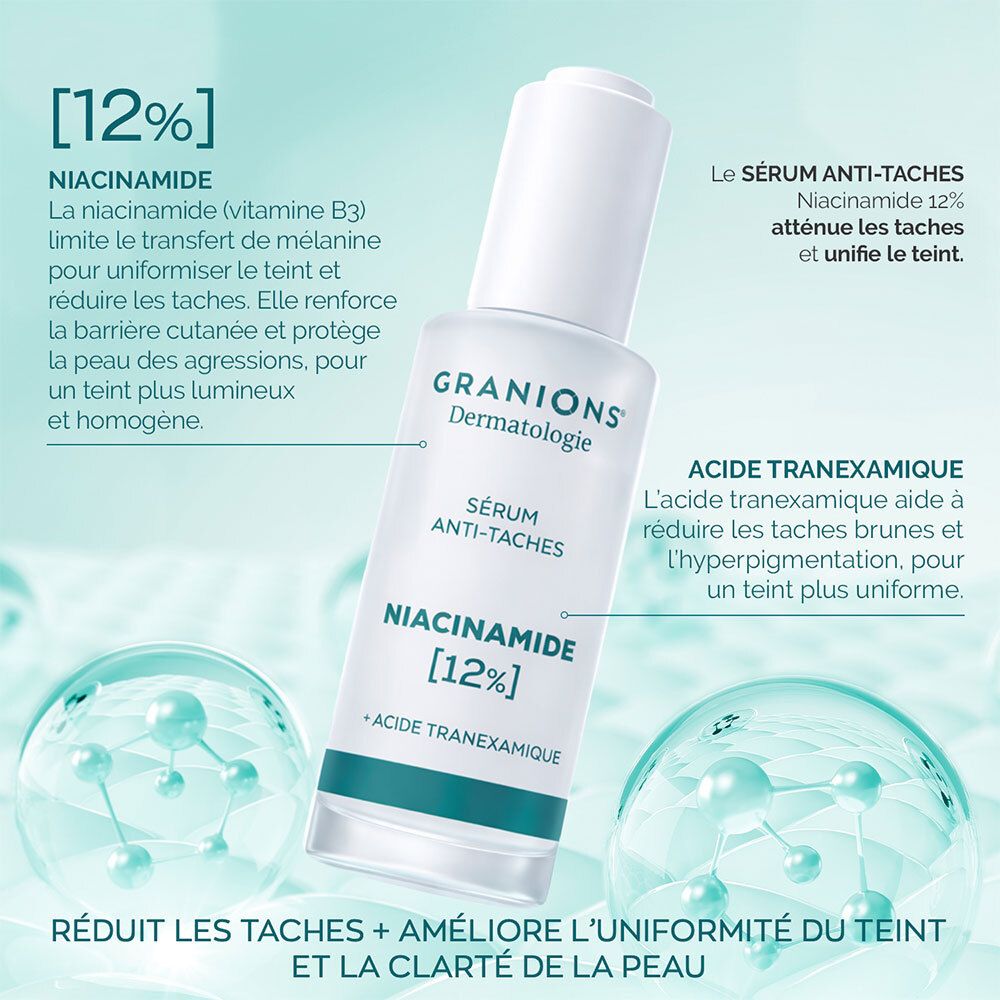 Description du produit avec texte et illustrations. Contient des informations sur la Niacinamide et l'acide tranexamique.