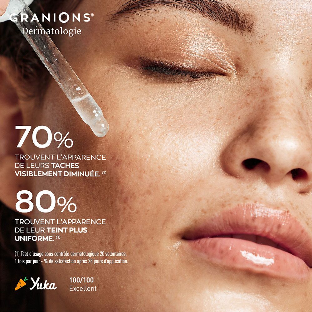 Visage avec goutte. Texte: 70% des utilisateurs constatent une diminution visible des taches.