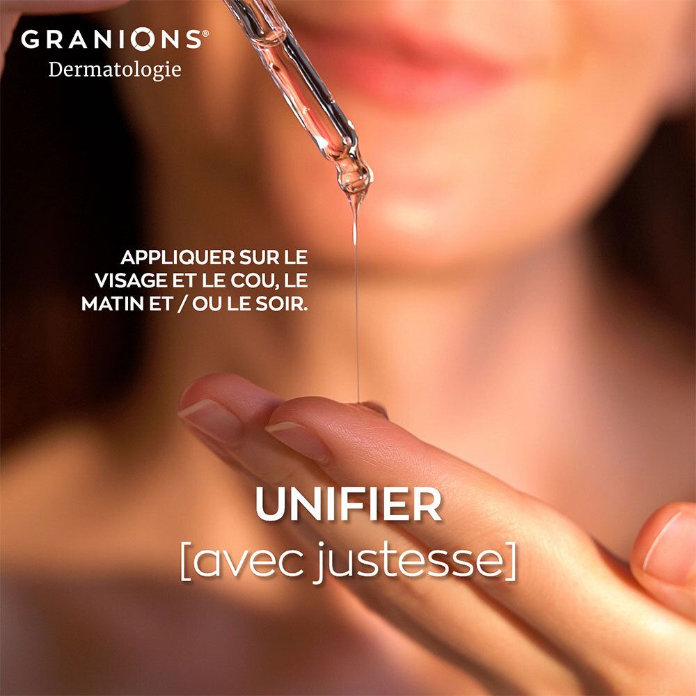 Goutte sur doigt. Texte: Appliquer sur le visage et le cou, matin et/ou soir. Unifier.