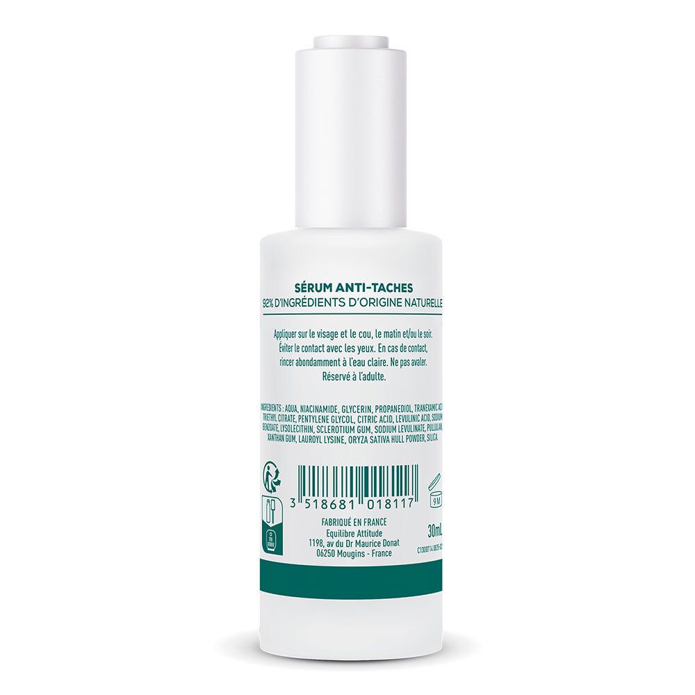 Dos du flacon. Texte: Sérum Anti-Taches, 92% d'ingrédients d'origine naturelle. 30ml.