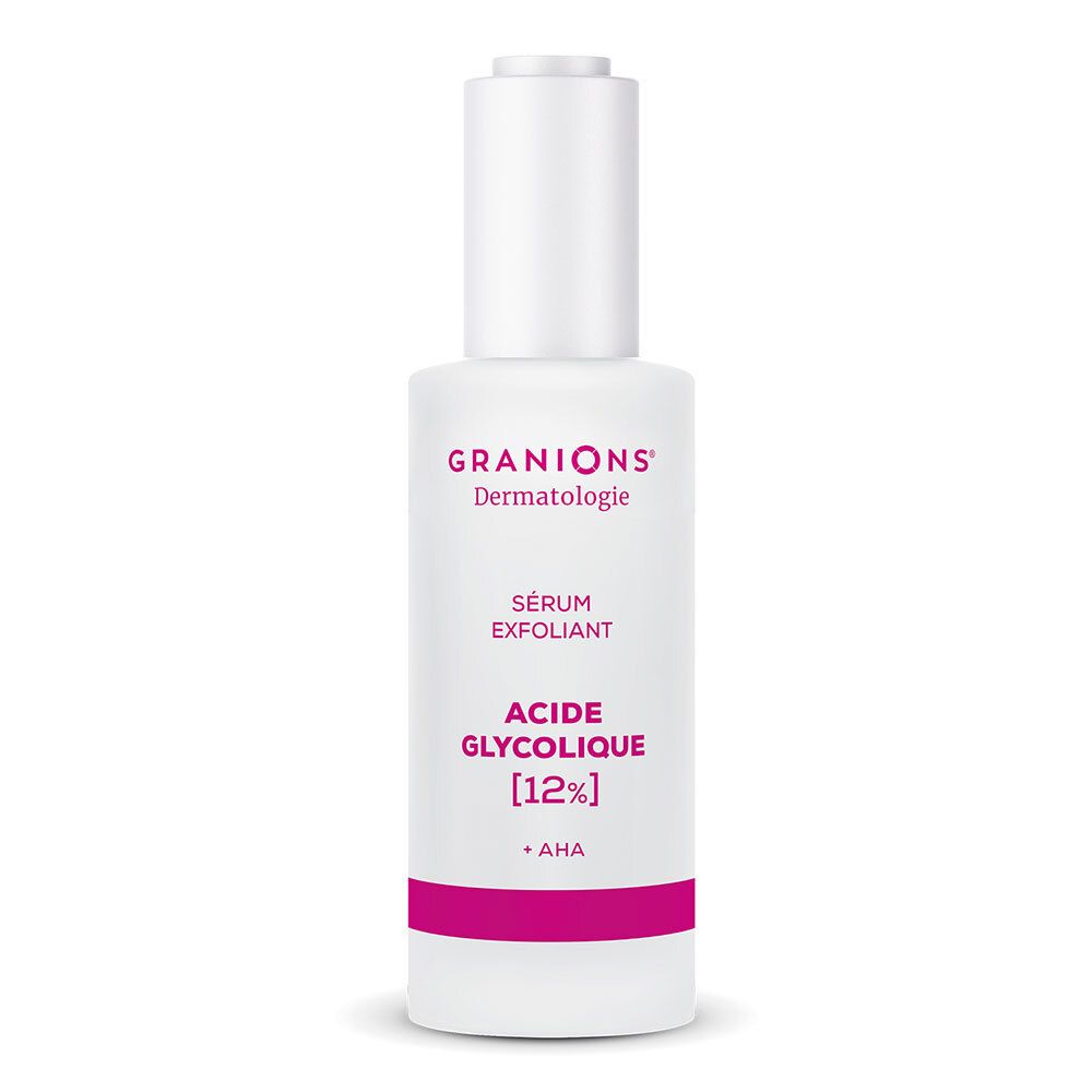 Flacon blanc avec pompe. Inscription : GRANIONS Dermatologie, Sérum Exfoliant, Acide Glycolique [12%], AHA.