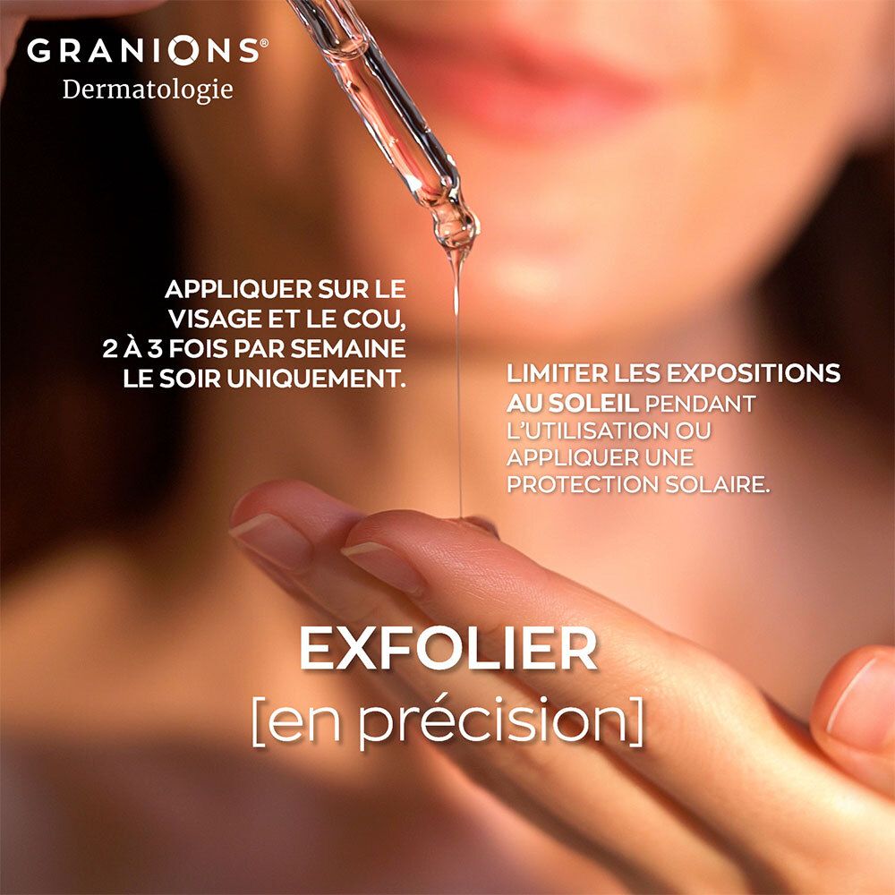 Gouttes sur doigt. Texte : Appliquer sur le visage et le cou, 2 à 3 fois par semaine. Protection solaire.