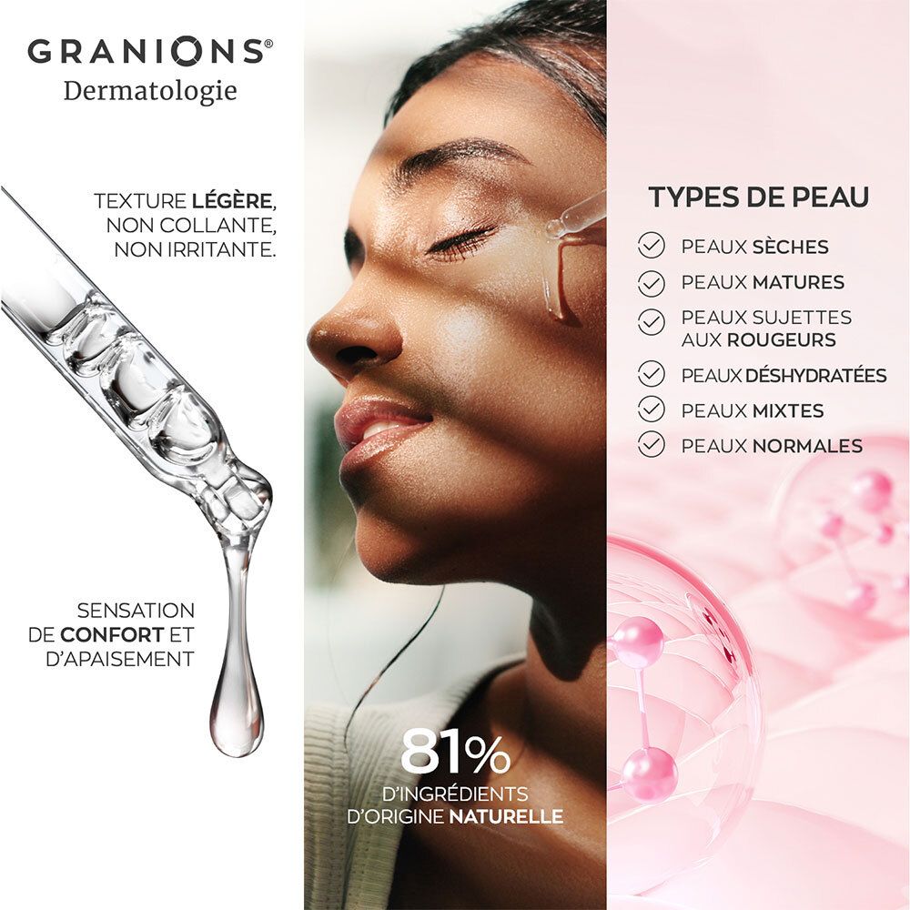 Femme avec gouttes sur la peau. Texte : Texture légère, non irritante. Convient à différents types de peau.