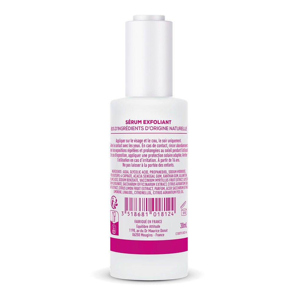 Dos du flacon. Texte : Sérum Exfoliant, ingrédients, instructions d'utilisation, informations fabricant.