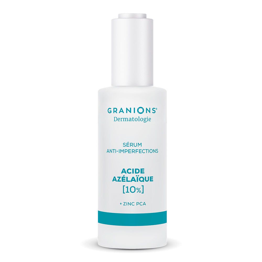Witte fles met serum. Opschrift: GRANIONS Dermatologie, Sérum Anti-imperfections, Acide Azélaïque [10%], ZINC PCA.