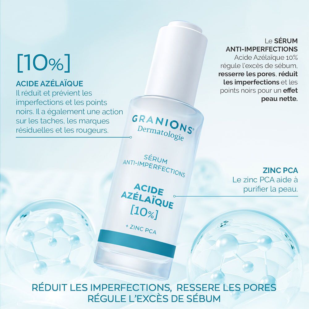 Flesje serum omringd door bellen. Tekst: Sérum Anti-imperfections, Acide Azélaïque [10%], ZINC PCA.