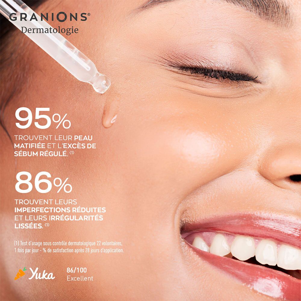 Gezicht van een vrouw met een druppel serum. Tekst: 95% vinden hun huid gematteerd, 86% vinden hun onvolkomenheden verminderd.