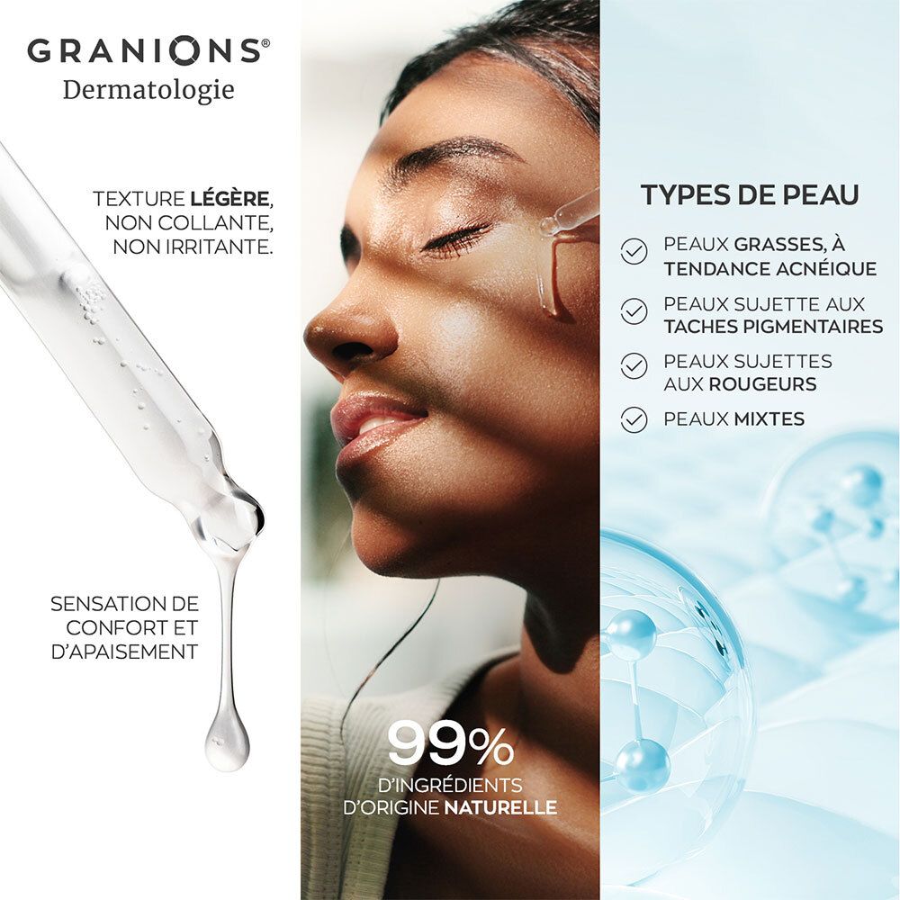 Gezicht met druppel serum. Tekst: Lichte textuur, niet plakkerig, niet irriterend. 99% van natuurlijke oorsprong.