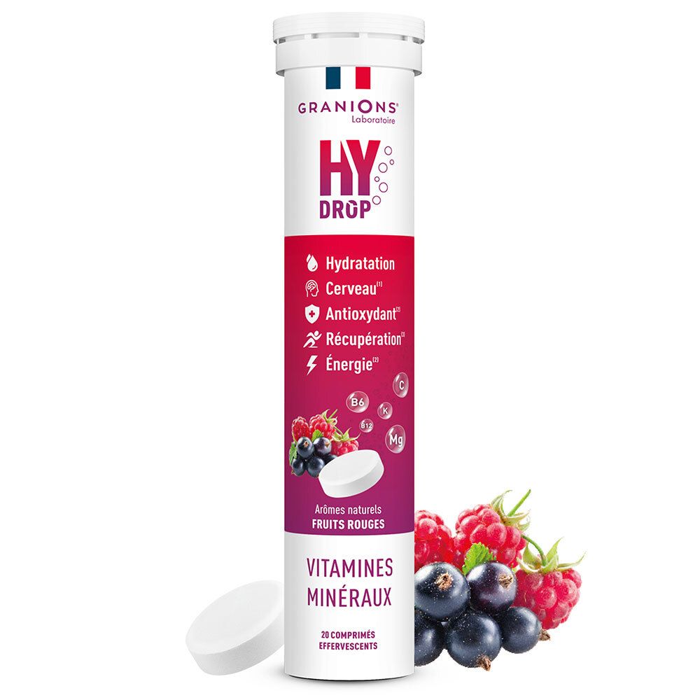 Cilindervormige verpakking. Bevat bruistabletten. Opschrift: HYDROP, Vitaminen, Mineralen. Met fruit.