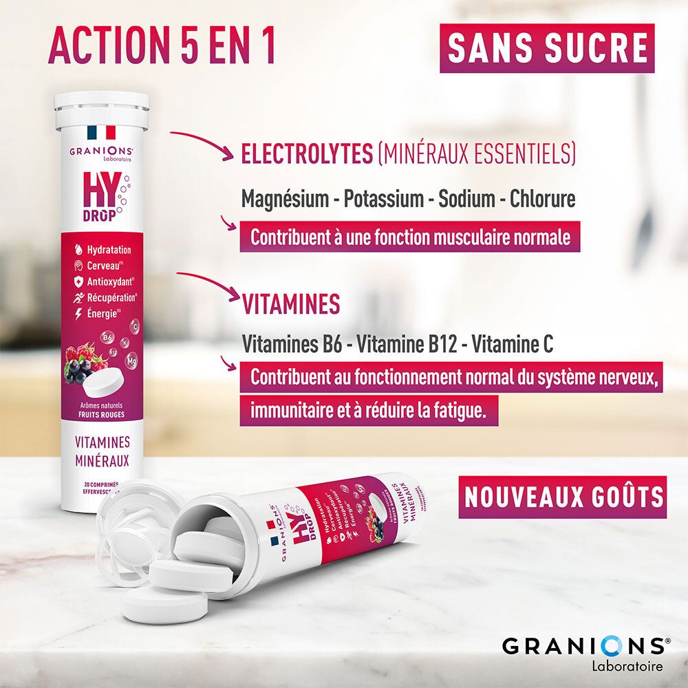 Productverpakking en tekst. Bevat elektrolyten, vitaminen. Tekst: 5 in 1, zonder suiker. Bruistabletten.