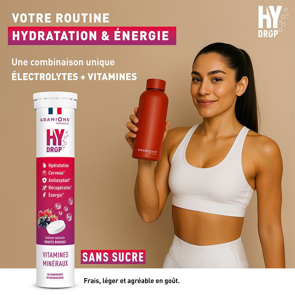 Vrouw met rode drinkfles. Productverpakking. Tekst: Hydratatie & Energie, zonder suiker. Bruistabletten.