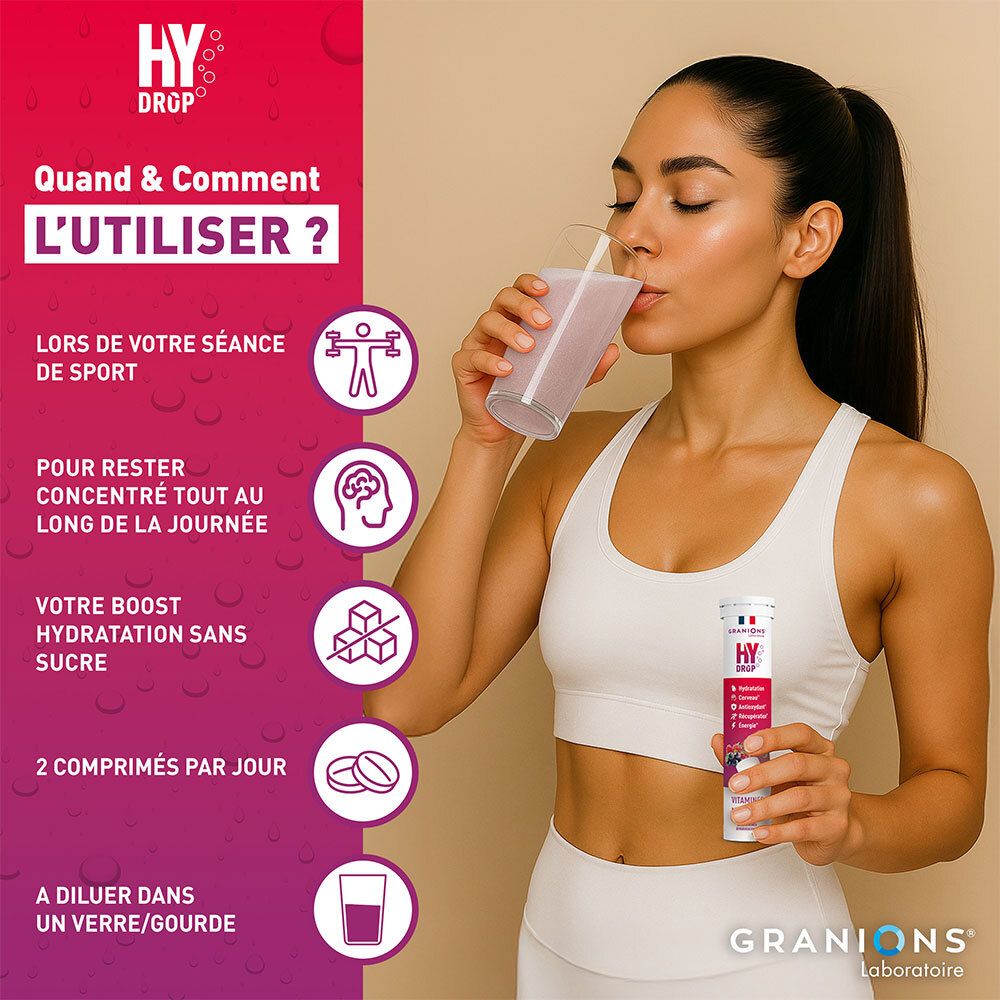Vrouw drinkt uit een glas. Productverpakking. Tekst: 2 tabletten per dag. Bruistabletten.