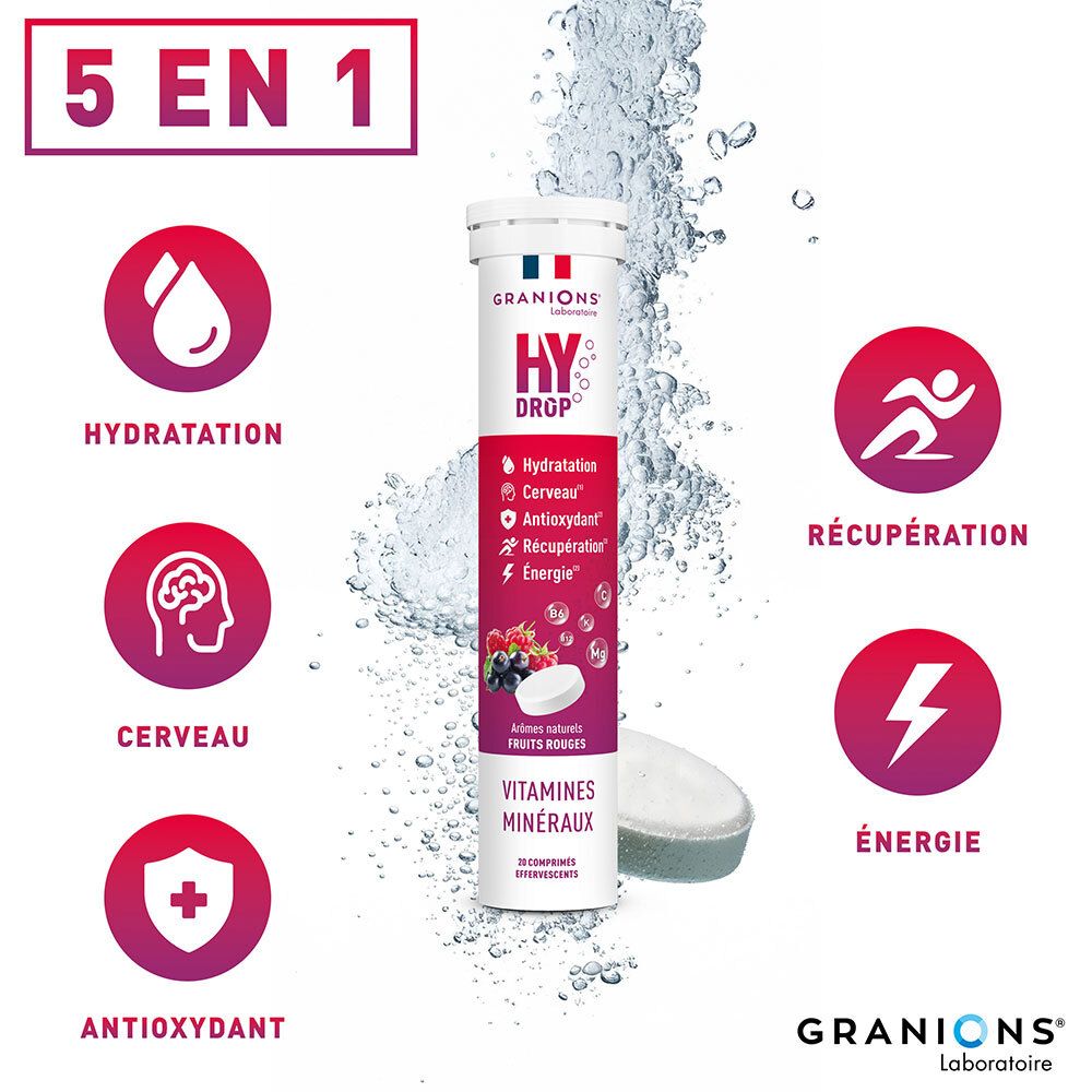 Productverpakking. Tekst: 5 in 1, Hydratatie, Hersenen, Antioxidant, Herstel, Energie. Bruistabletten.