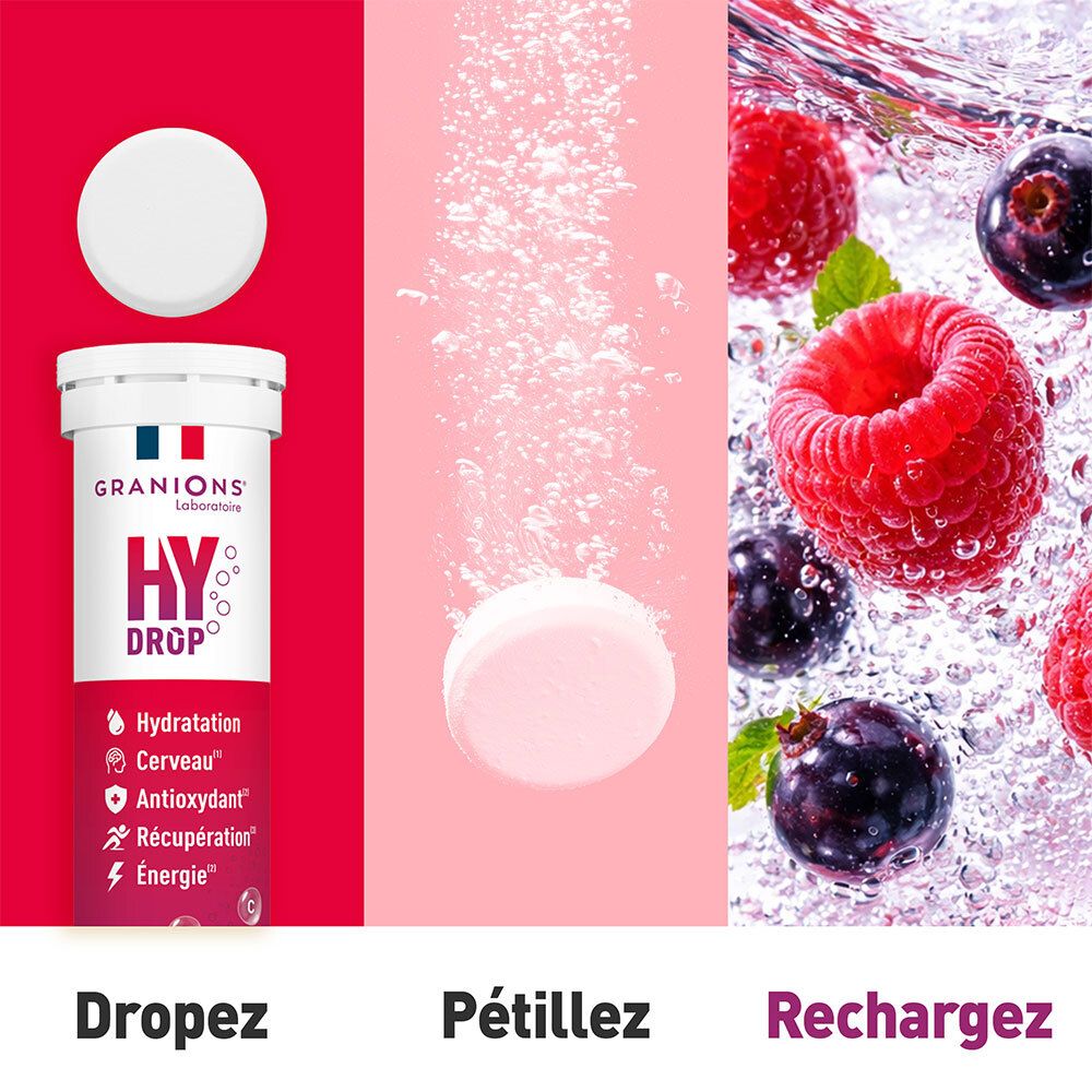 Bruistablet die oplost in water. Productverpakking. Tekst: HYDROP. Fruit. Bruistabletten.