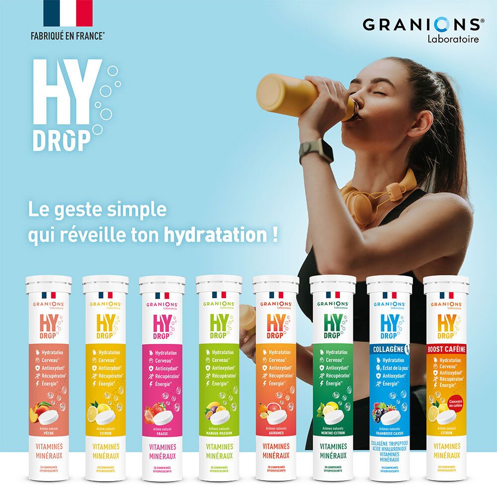 Vrouw drinkt uit een fles. Rij productverpakkingen. Tekst: HYDROP, Vitaminen, Mineralen. Bruistabletten.