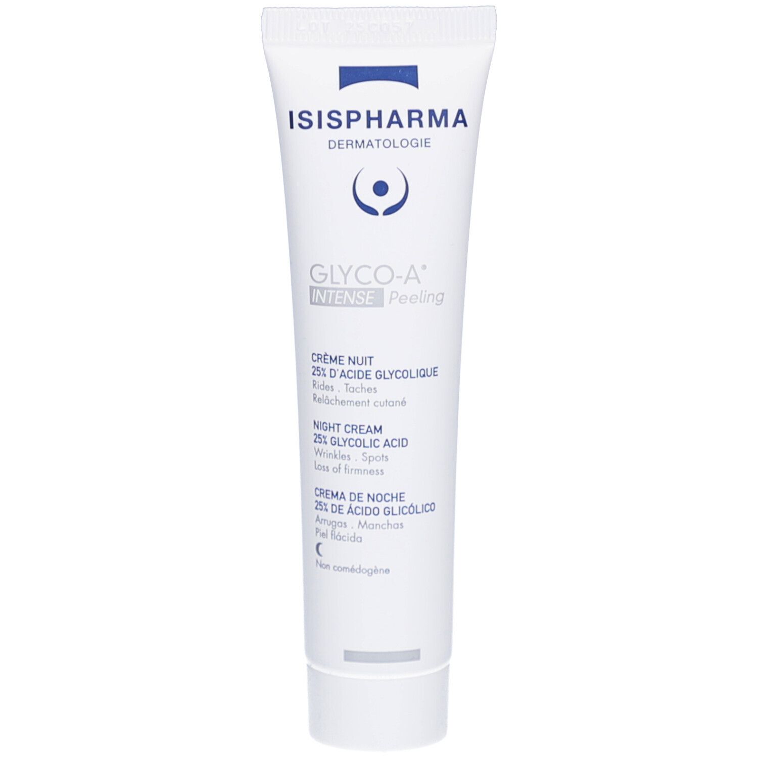 Tube blanche, texte bleu. Crème de nuit 25% acide glycolique. Marque: ISIPHARMA.