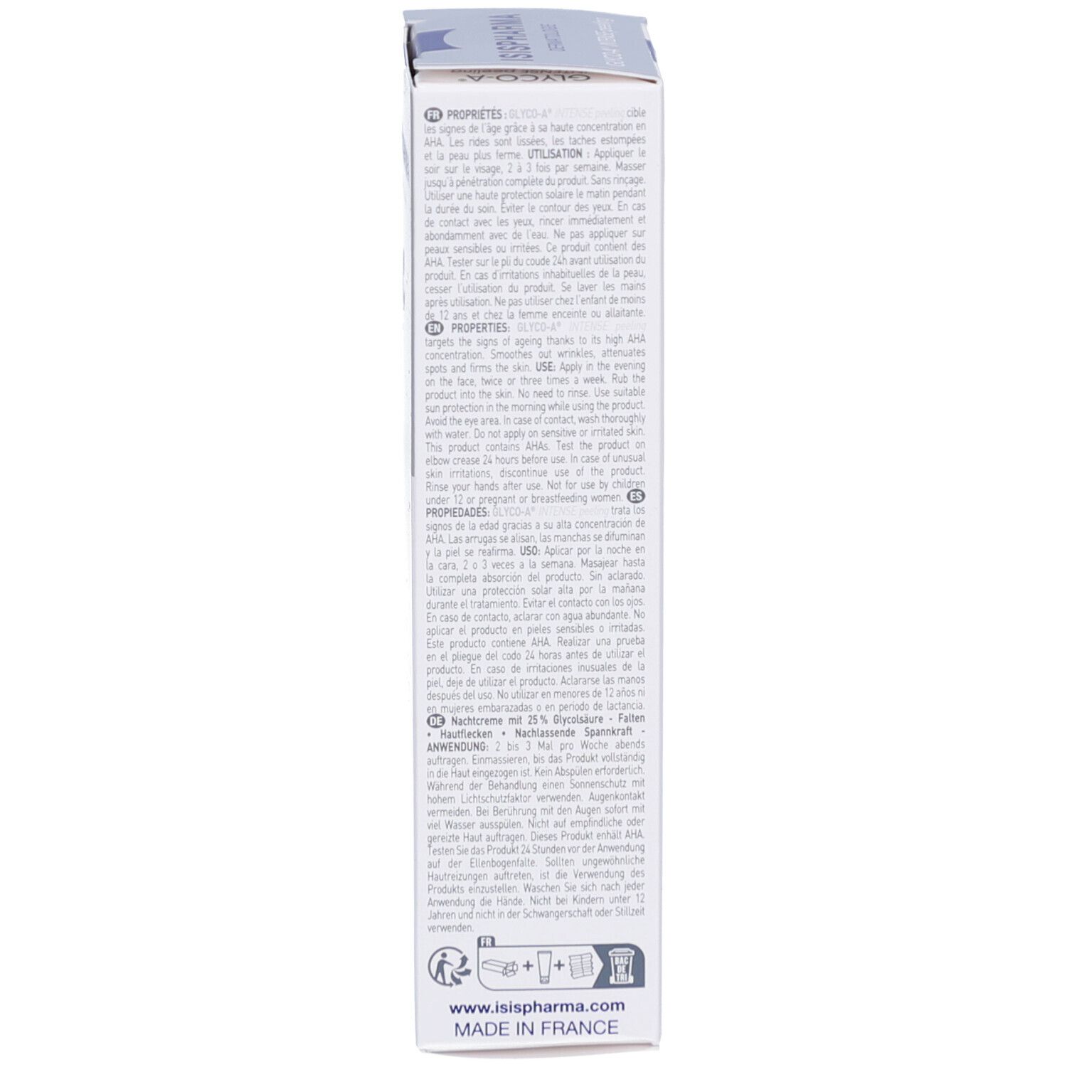 Côté de l'emballage. Texte multilingue. Marque: ISIPHARMA.