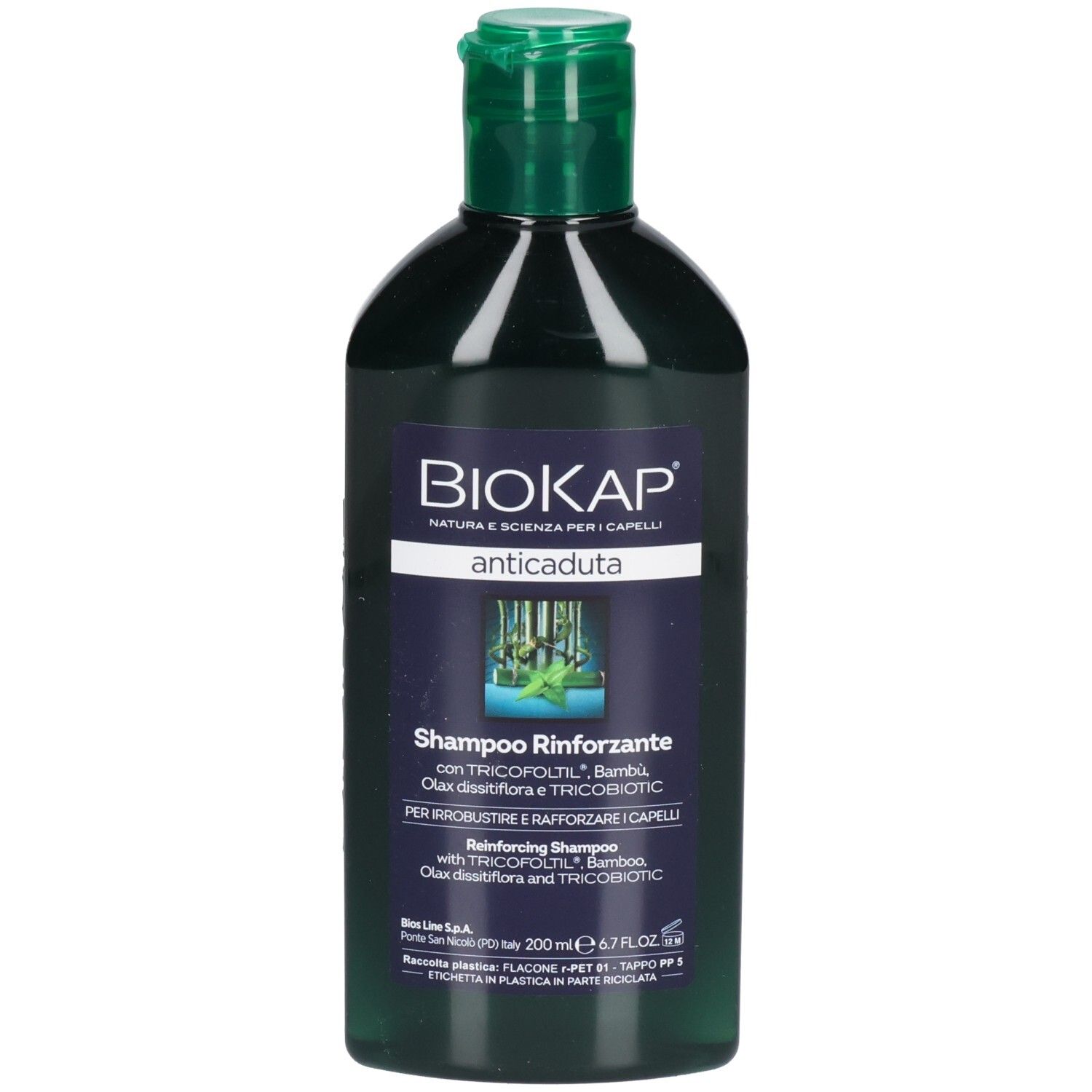 Donkergroene fles Biokap anti-haaruitval shampoo, 200 ml.