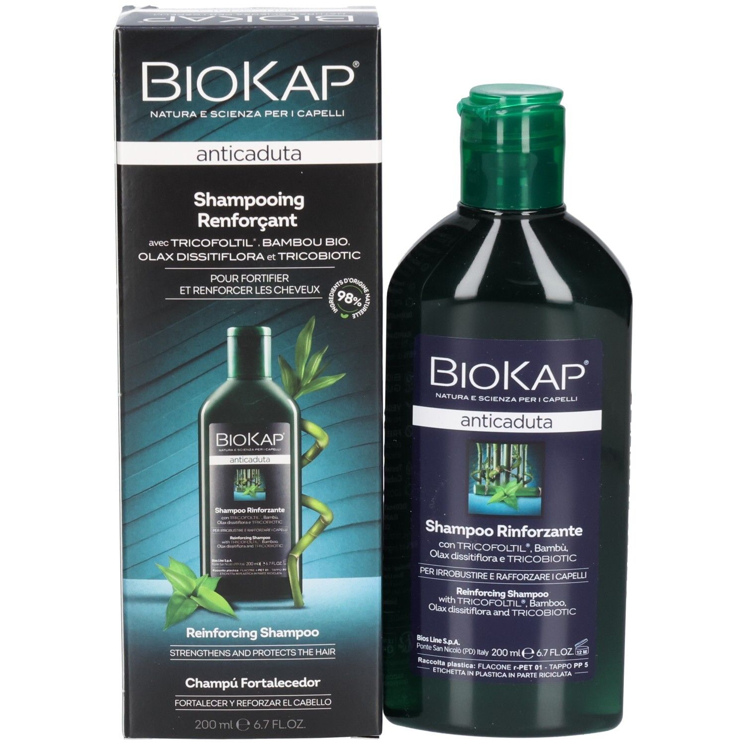 BIOKAP "anticaduta" shampoo fles en doos. Donkergroene fles met groene dop. 200 ml.