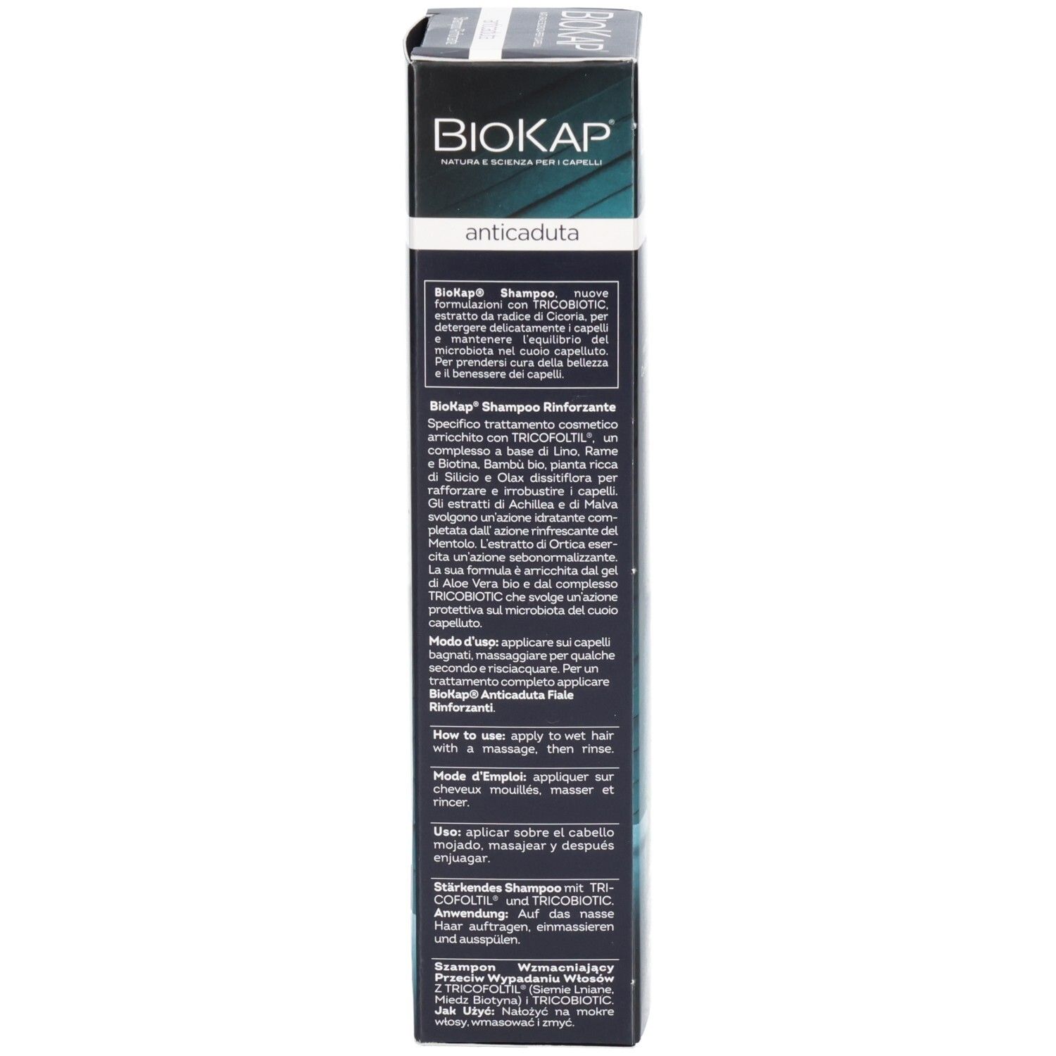 BioKap Shampoo tegen haaruitval, met Tricofoltil en Tricobiotic.
