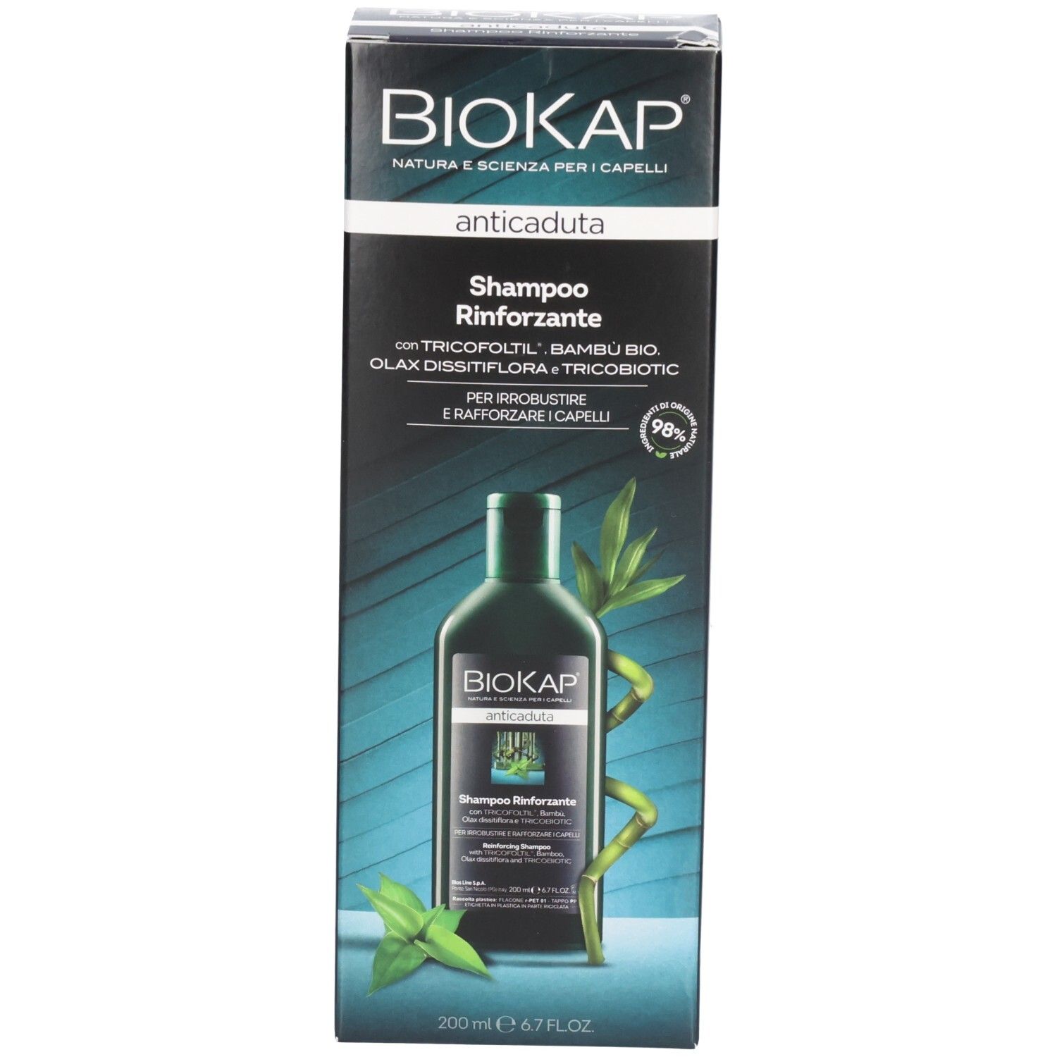Biokap Anticaduta Shampoo Rinforzante fles en verpakking met bamboe-motief.