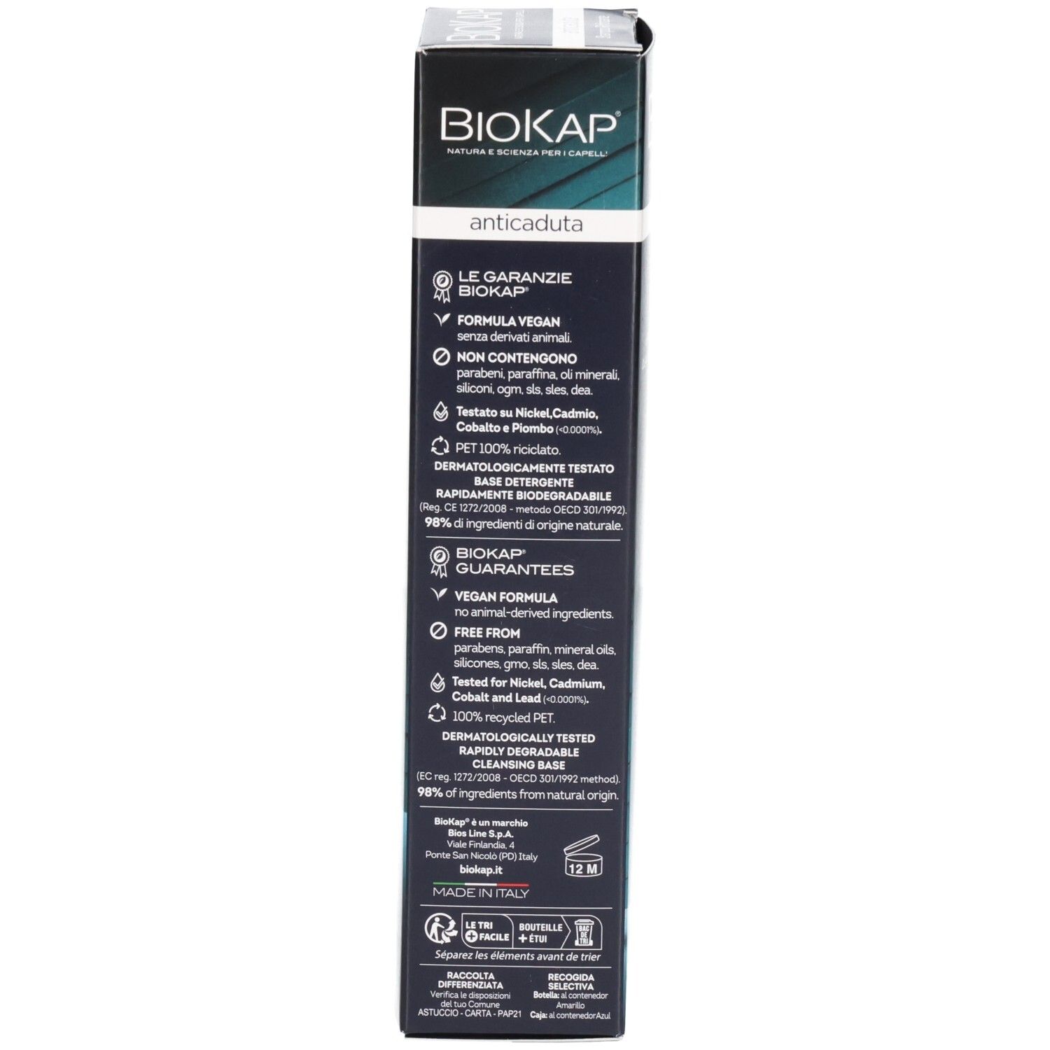 Biokap Anticaiduta doos: Vegan formule, dermatologisch getest, 98% ingrediënten van natuurlijke oorsprong.