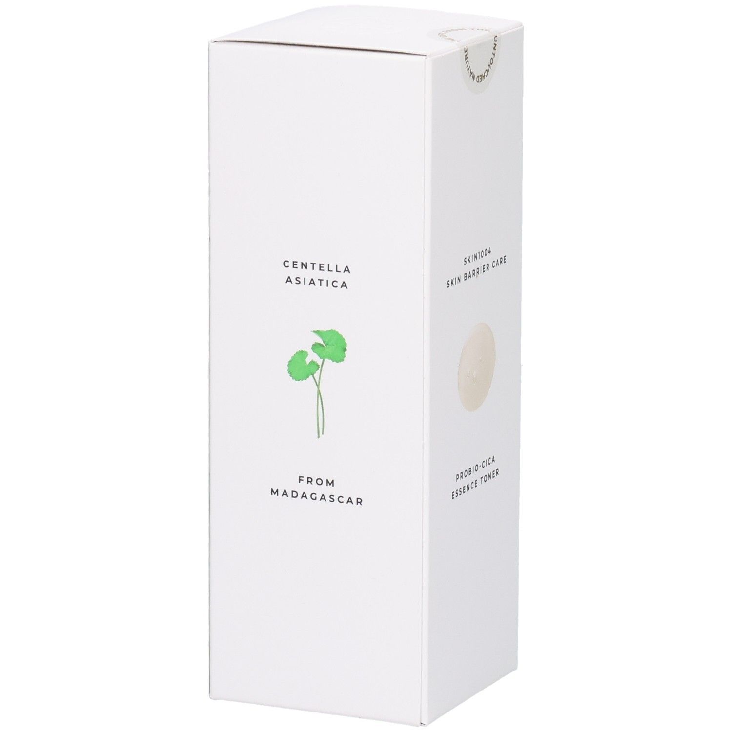 Witte productverpakking met tekst en logo. Tekst: CENTELLA ASIATICA, FROM MADAGASCAR, PROBIO-CICA ESSENCE TONER.