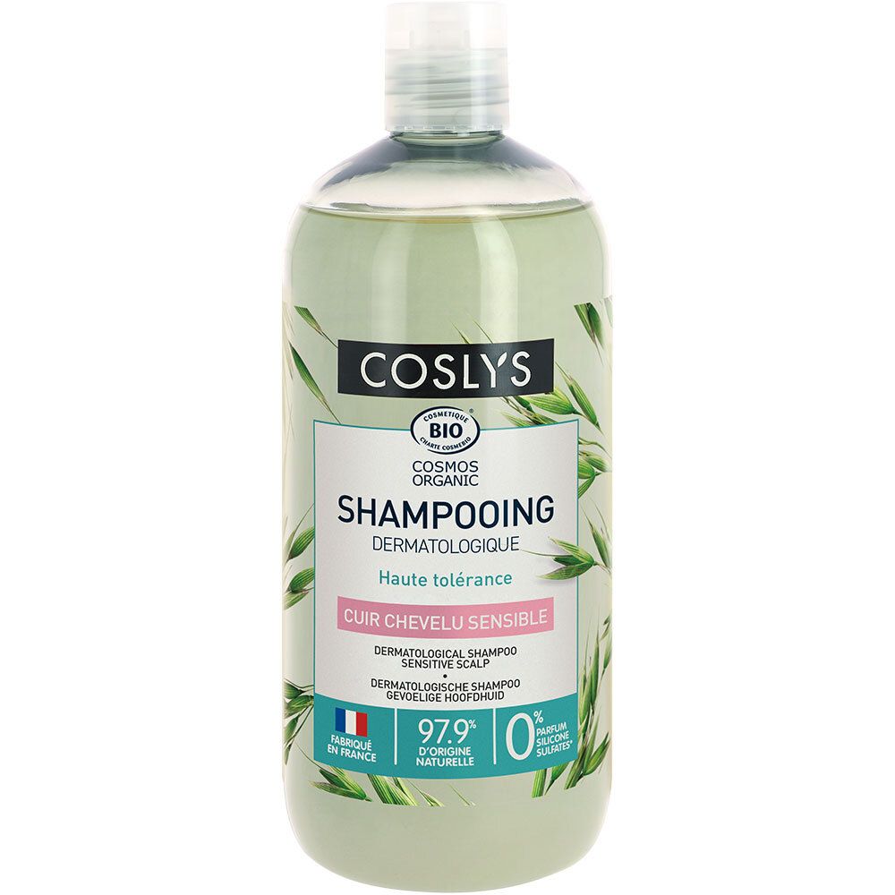 Flacon de Coslys Shampooing dermatologique. Inscription: Cosmos Organic, Shampooing, dermatologique, haute tolérance. Contient 97,9% d'ingrédients naturels.