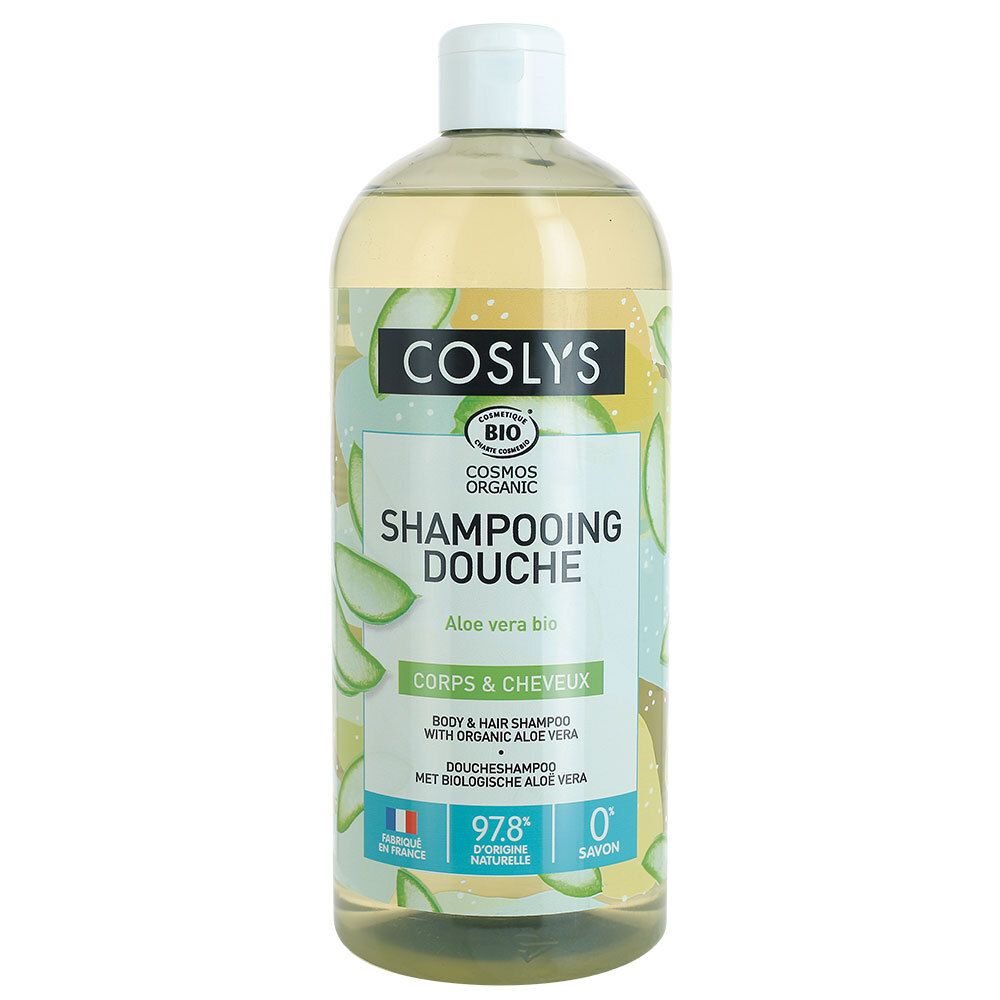 Flacon de shampooing transparent. Inscription: Coslys, Shampooing Douche, Aloe vera bio. Certification bio.