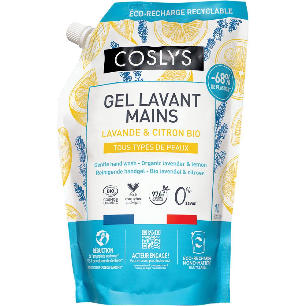 Navulverpakking met productopdruk. Tekst: Coslys, Gel Lavant Mains, Lavande & Citron Bio. Certificeringen en logo's.