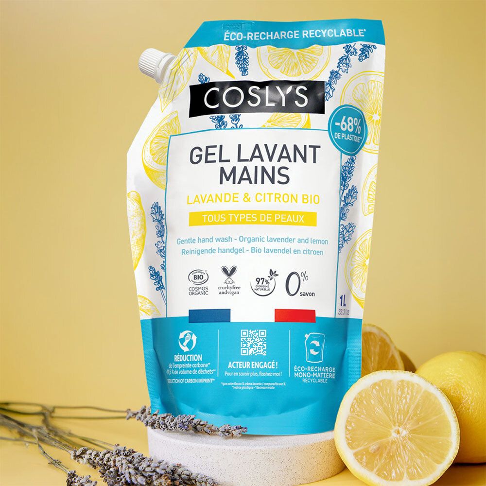 Navulverpakking met productopdruk. Tekst: Coslys, Gel Lavant Mains, Lavande & Citron Bio. Citroenen en lavendel.