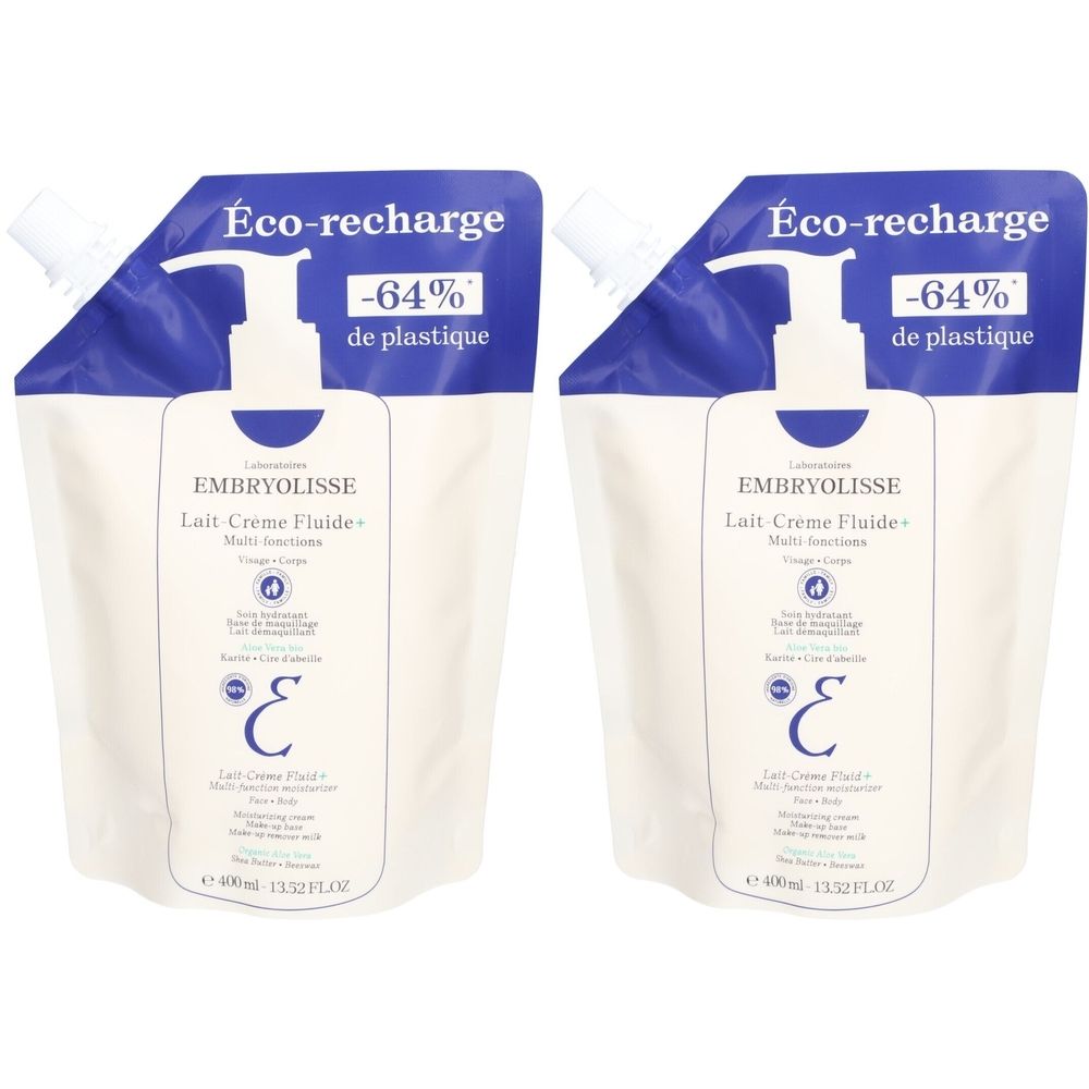 Twee navulverpakkingen Embryolisse Lait-Crème Fluide+. Witte zakken met blauwe opdruk. Tekst: Éco-recharge, -64% de plastique.