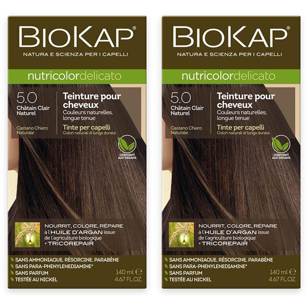 Boîte de teinture capillaire BIOKAP Nutricolor Delicato 5.0 Châtain Clair Naturel. Texte et logo visibles.