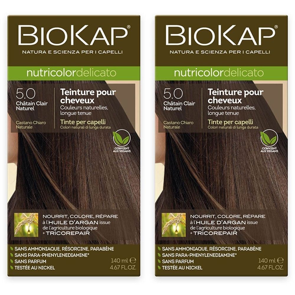 Verpakking haarverf BIOKAP Nutricolor Delicato 5.0 Châtain Clair Naturel. Tekst en logo zichtbaar.