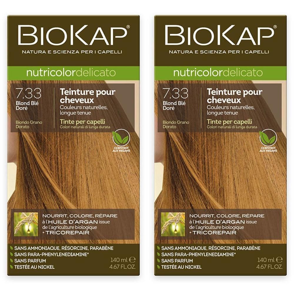 BIOKAP Nutricolor Delicato 7.33 Blond Blé Doré. Verpakking met productafbeelding en tekst.
