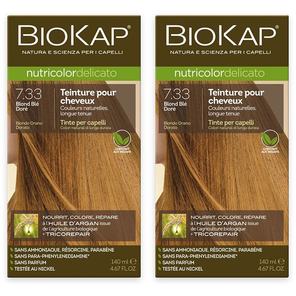 BIOKAP Nutricolor Delicato 7.33 Blond Blé Doré. Verpakking met productafbeelding en tekst.