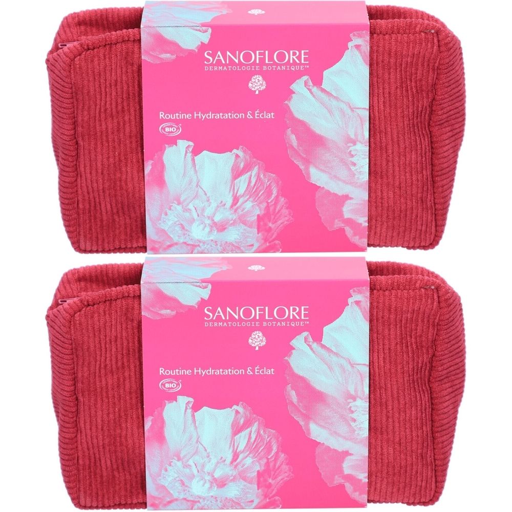 Deux trousses de toilette rouges avec emballage rose. L'emballage porte les inscriptions "SANOFLORE" et "Routine Hydratation & Éclat".