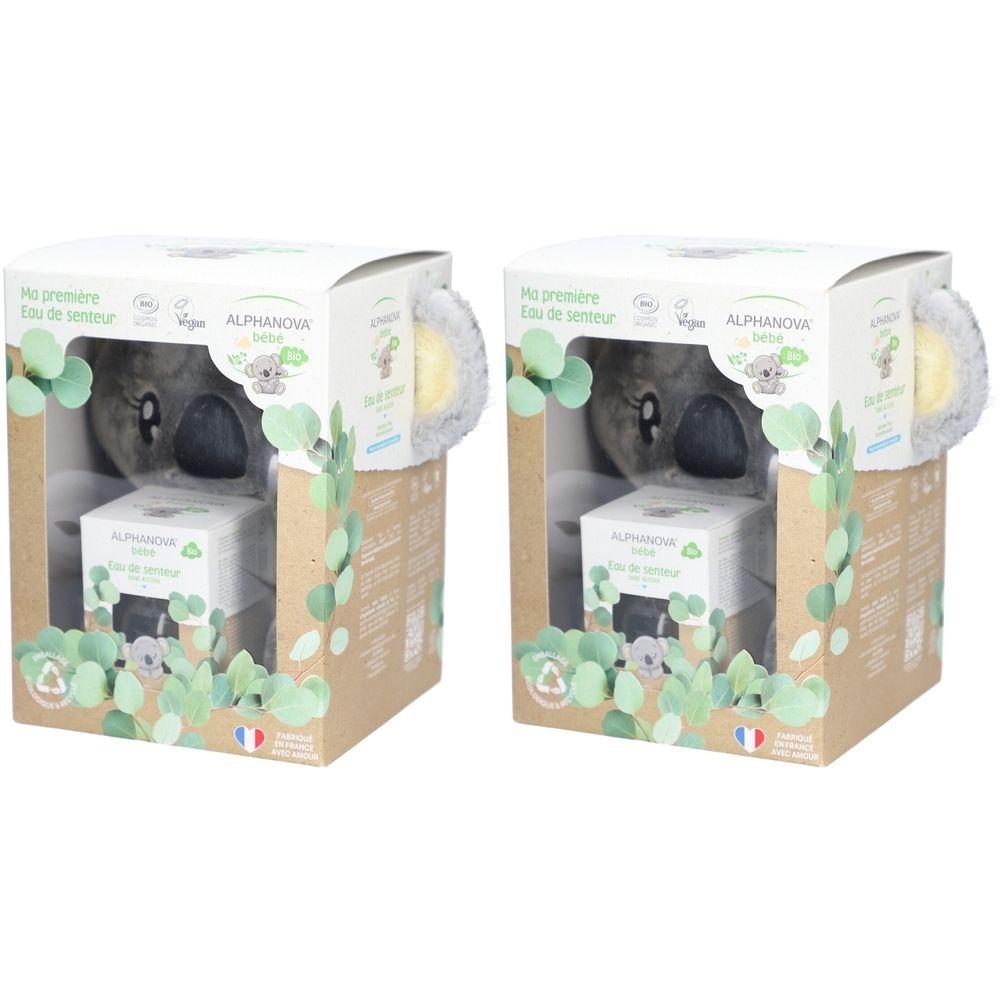 Geschenkdoos met koala knuffel en vierkant flesje. Opschrift "Eau de senteur". Merk Alphanova Bébé. Verpakking met bladeren.
