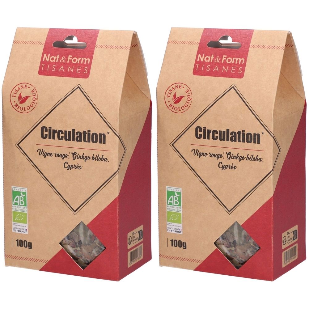 Deux paquets de tisane bio Nat&Form Circulation, 100g chacun.