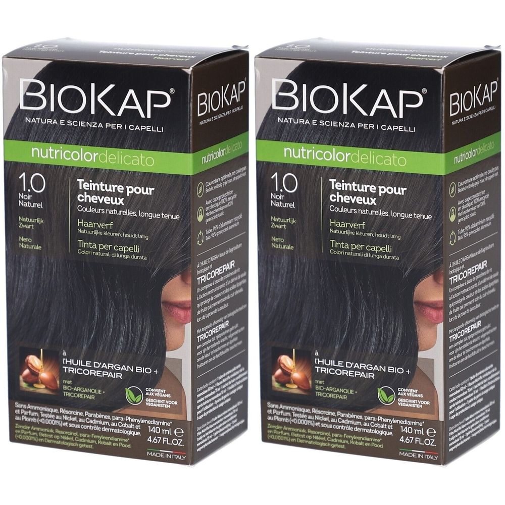 Twee dozen Biokap Nutricolordelicato 1.0 Noir Naturel. Zwarte haarverf. Productnaam en afbeelding op de voorkant.