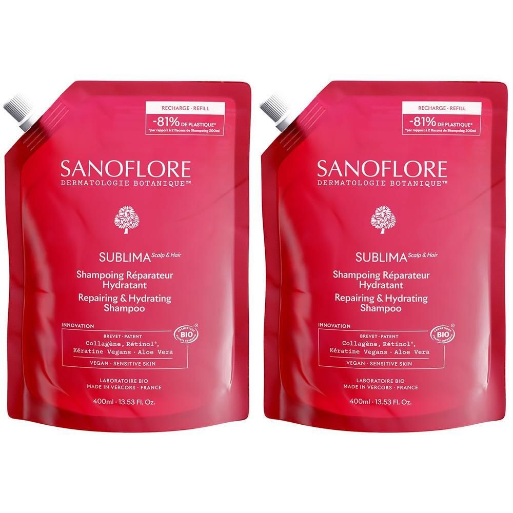 Deux recharges roses. Inscription: SANOFLORE, Sublima, Shampoing Réparateur Hydratant. Vegan, peau sensible.