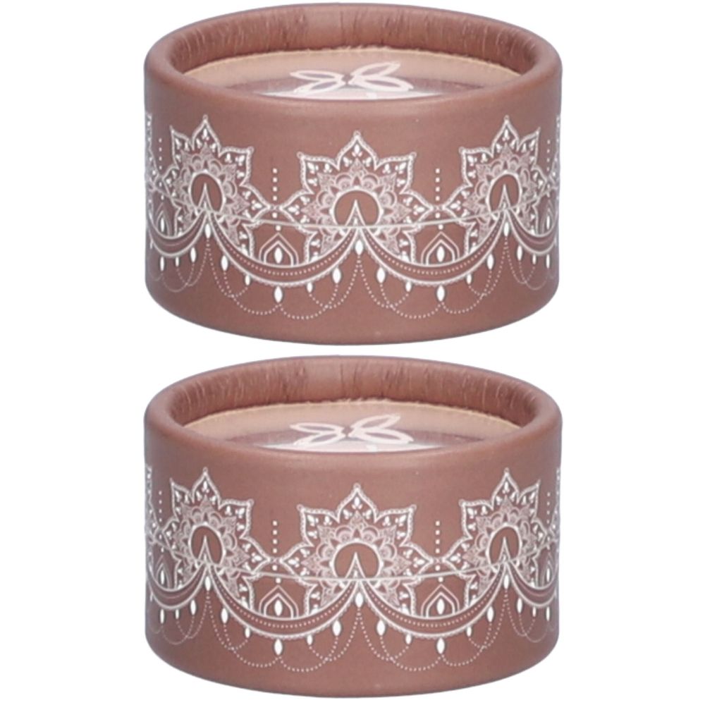 Twee ronde, bruine containers met een wit, bloemenpatroon. De deksels zijn ook bruin. Geen verdere details zichtbaar.