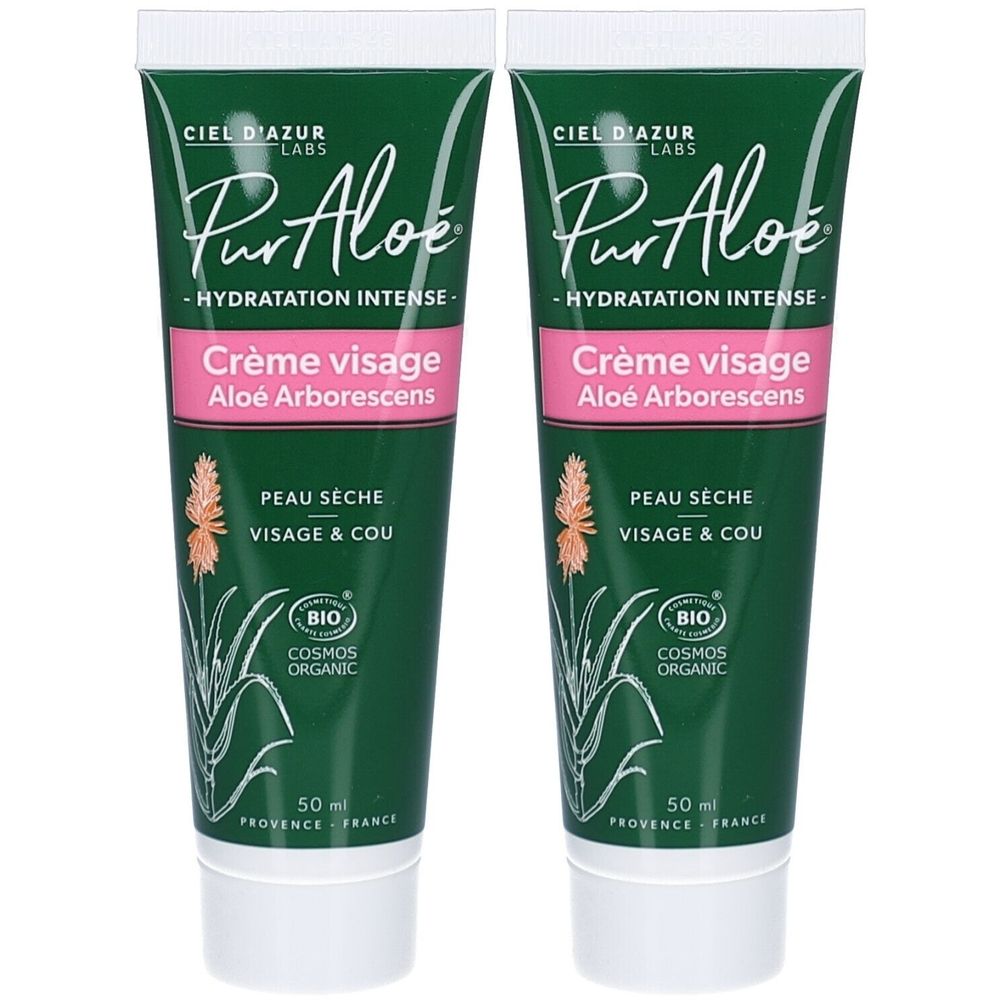 Twee tubes CIEL D'AZUR Pur Aloé Crème Visage. Groen-wit, roze band. Tekst: Pur Aloé, Crème visage, BIO COSMOS ORGANIC.