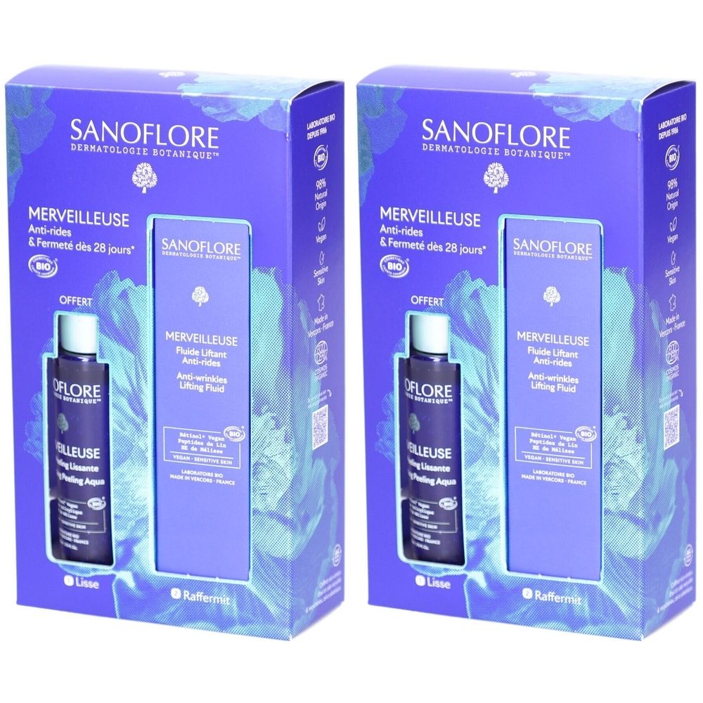 Deux boîtes violettes avec emballage produit. Logos et noms de produits imprimés. Une bouteille est visible.