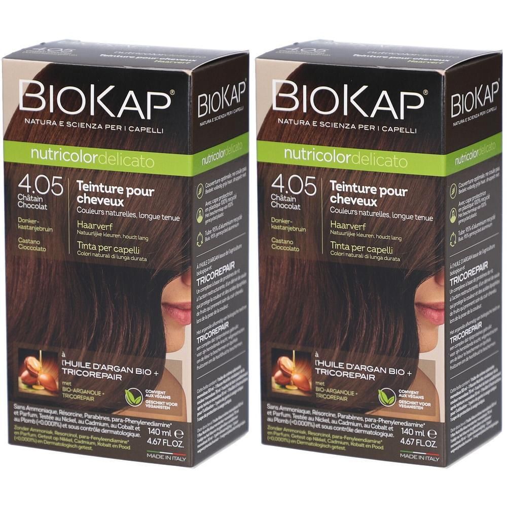 Twee dozen Biokap Nutricolordelicato 4.05 Châtain Chocolat. Opschriften: Tricorepair, arganolie, natuurlijke kleuren, langdurig.