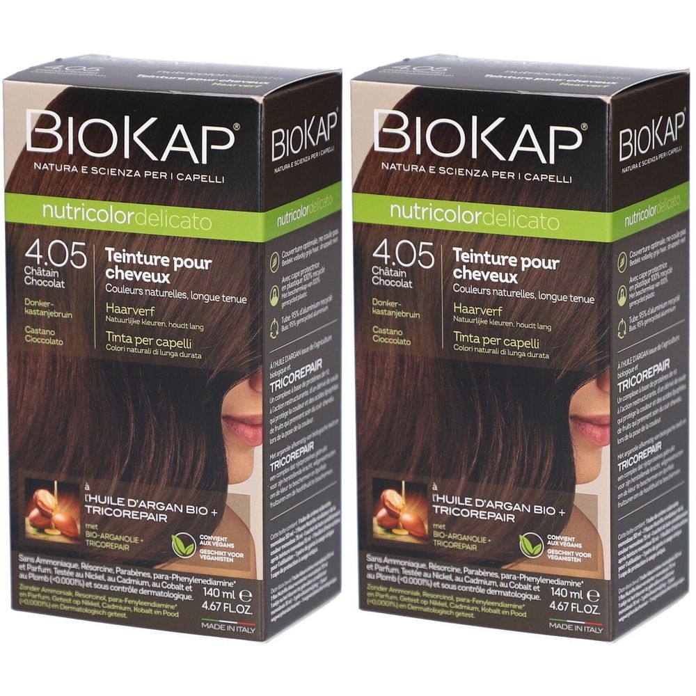 Twee dozen Biokap Nutricolordelicato 4.05 Châtain Chocolat. Opschriften: Tricorepair, arganolie, natuurlijke kleuren, langdurig.