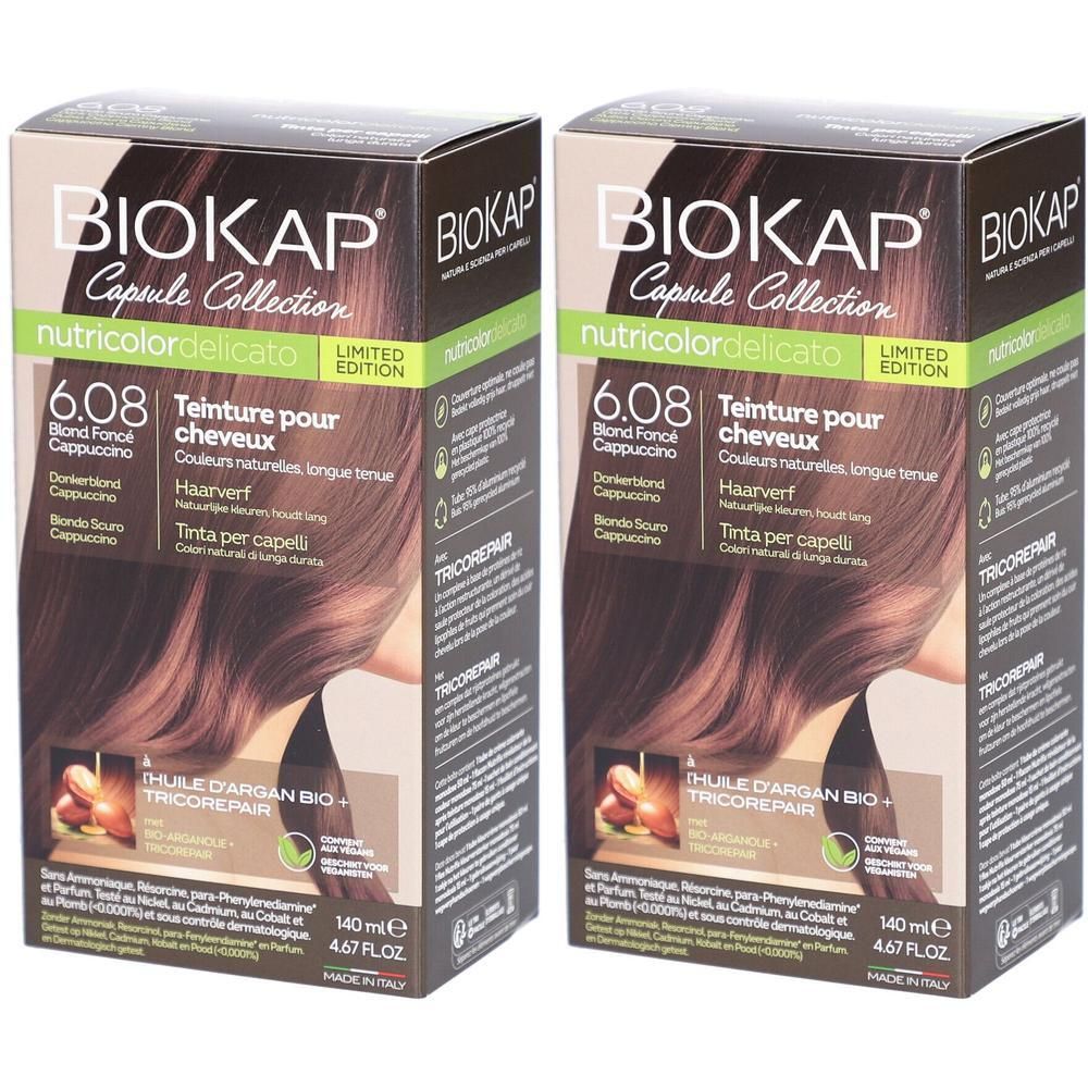 Twee dozen Biokap Nutricolordelicato 6.08 Blond Foncé Cappuccino. Verpakkingen met afbeelding en tekst.