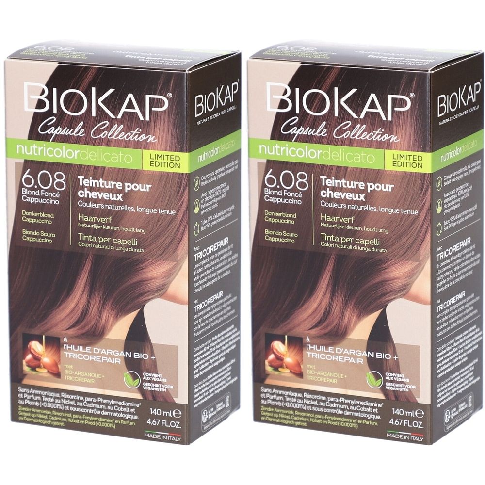 Deux boîtes de Biokap Nutricolordelicato 6.08 Blond Foncé Cappuccino. Emballages avec image et texte.
